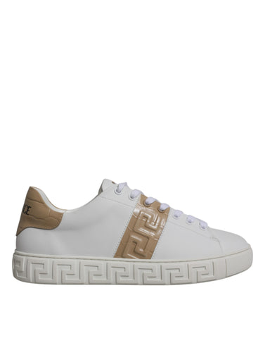 White and brown Versace low-top men's sneakers with Greca print TPU upper and stylish design.