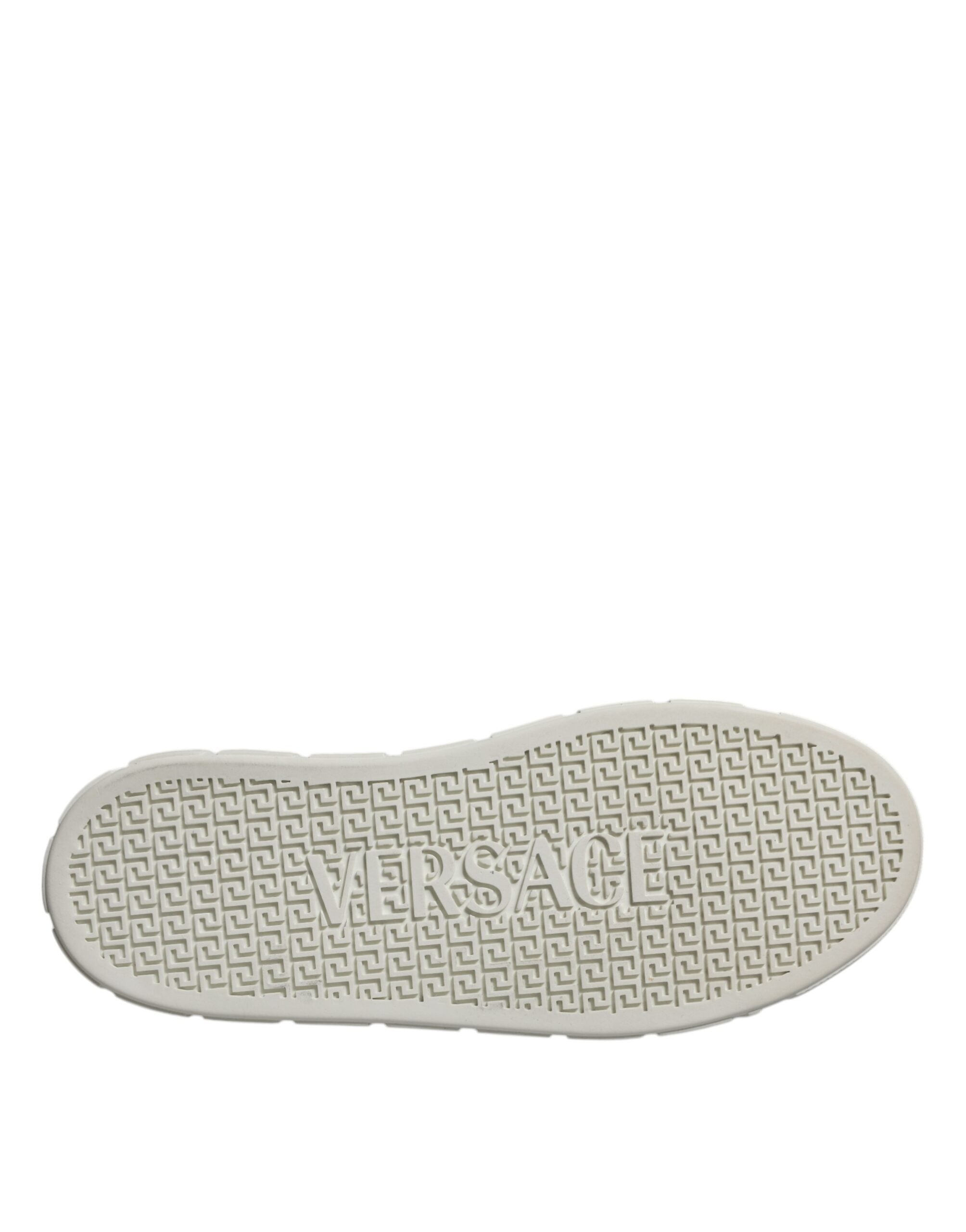 White and brown Greca print Versace men's low top sneakers with TPU soles and stylish design.