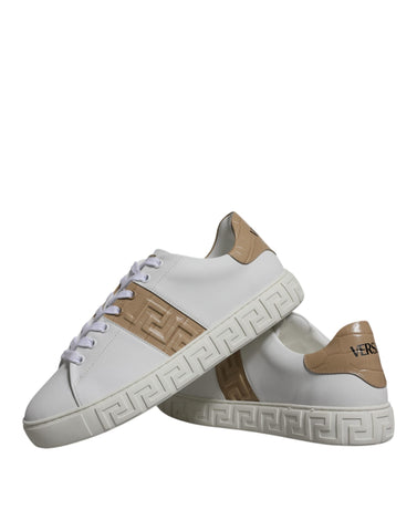 Versace men's low top sneakers with white and brown Greca print TPU material and stylish design.
