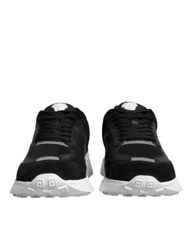 Versace black canvas quad fabric Medusa low top sneaker shoes with stylish design and branding details.
