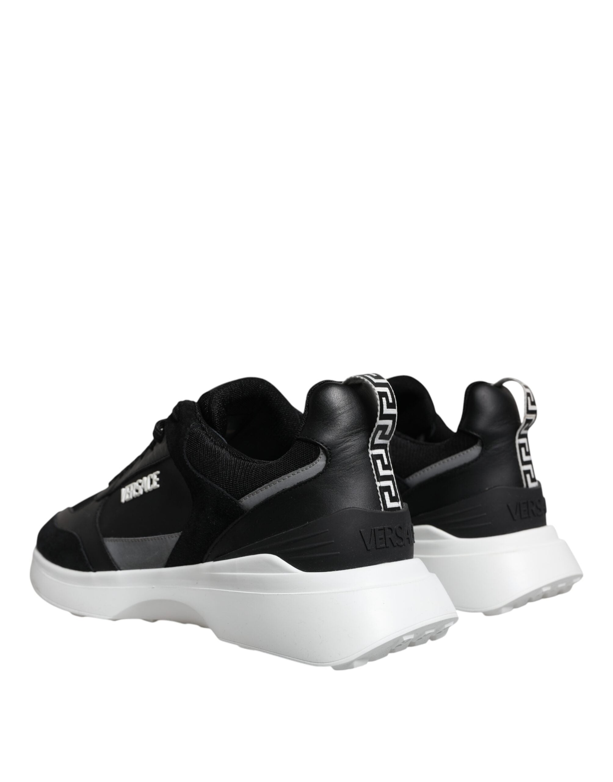 Versace black canvas quad fabric Medusa low top sneaker shoes with detailed design and stylish laces.