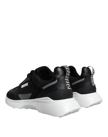 Versace black canvas quad fabric Medusa low top sneaker shoes with detailed design and stylish laces.