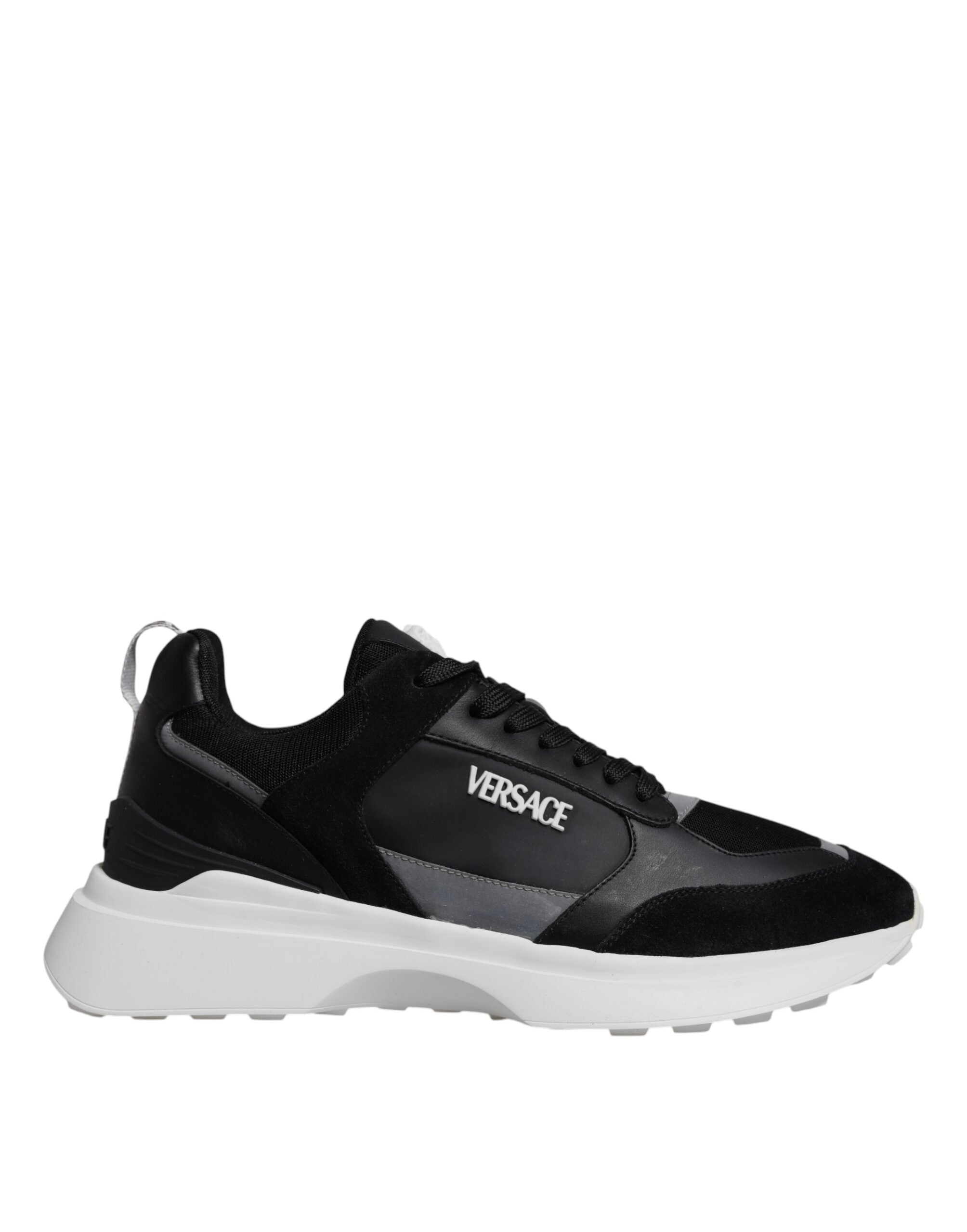 Versace black canvas quad fabric Medusa low top sneakers with lace-up design and signature Medusa logo detail.