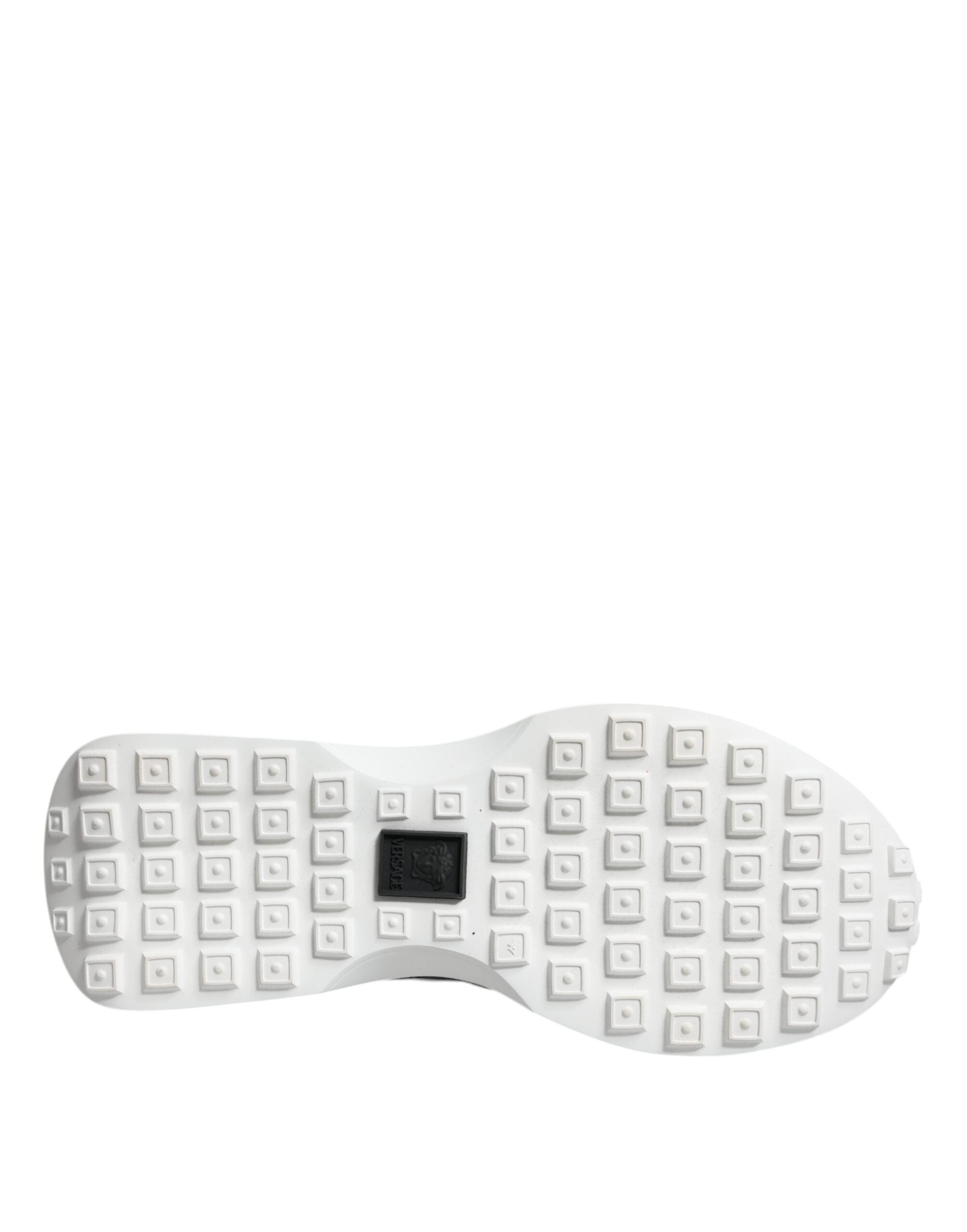 Versace black canvas quad fabric Medusa low top sneaker shoes with logo detail on white rubber sole.