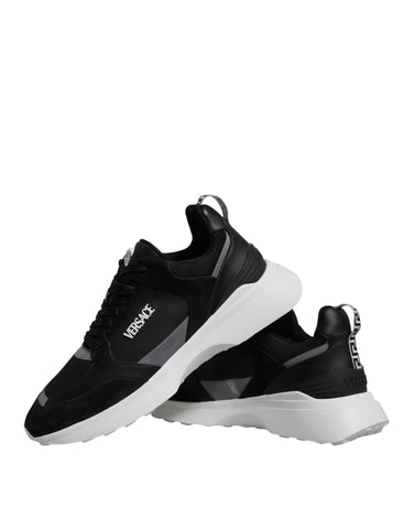 Black Versace Medusa low top sneakers with canvas quad fabric design and signature branding, stylish and comfortable footwear.