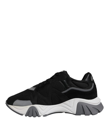 Versace black leather and neoprene chunky low-top sneakers with thick soles and modern design.