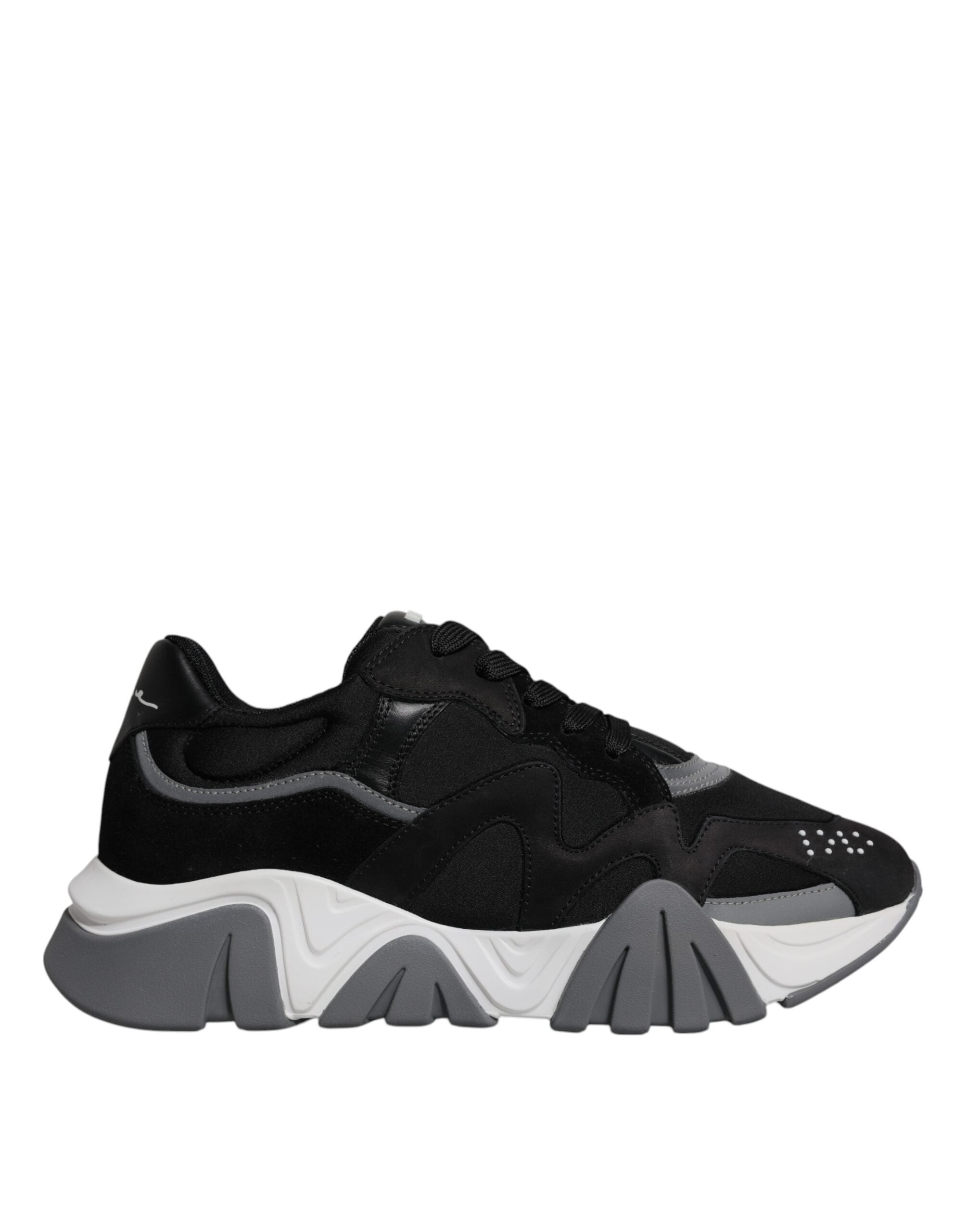 Versace black leather and neoprene chunky low top sneakers with thick soles, stylish and modern footwear.