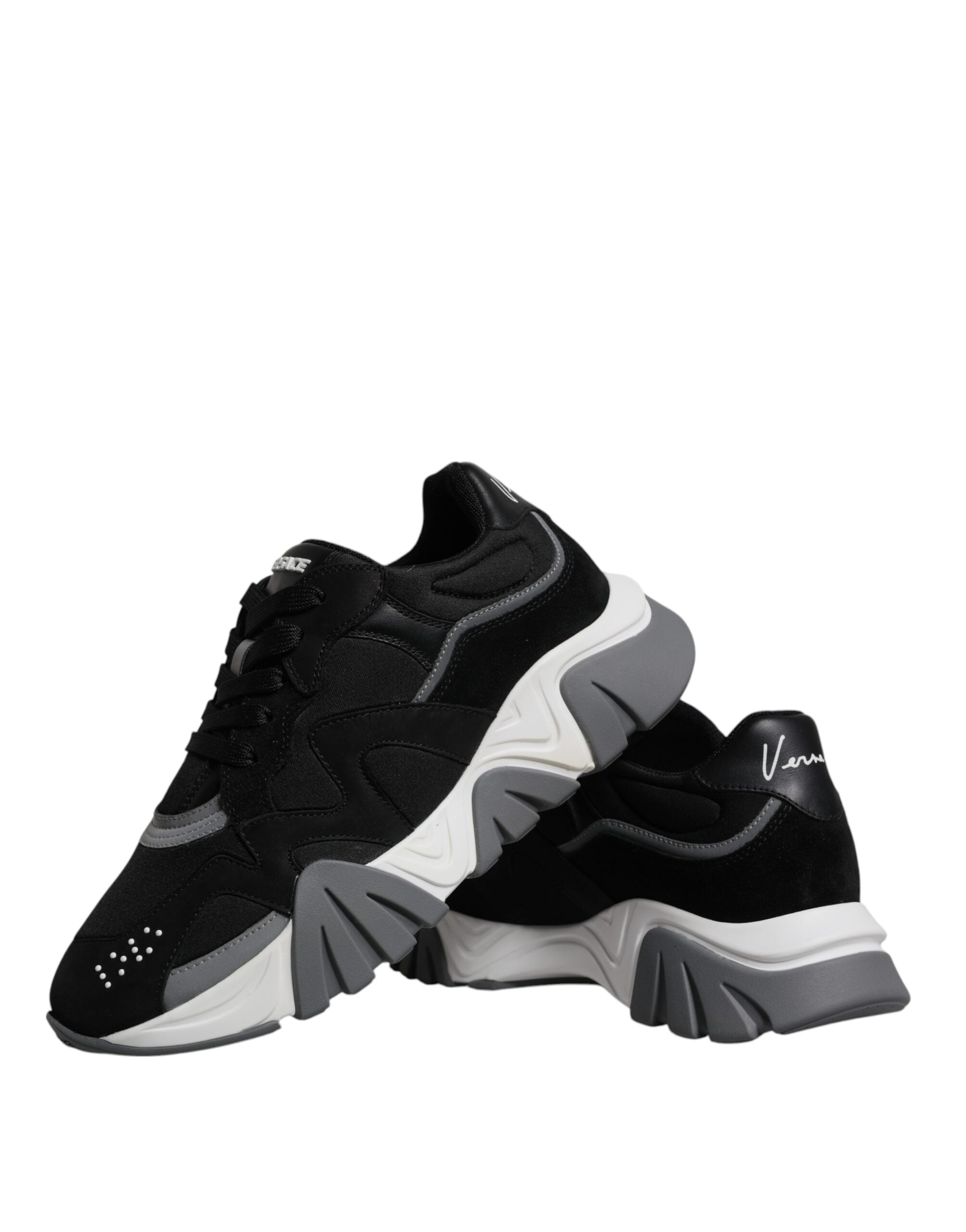 Versace black leather neoprene chunky low top sneakers with thick soles and stylish design, perfect for casual wear.