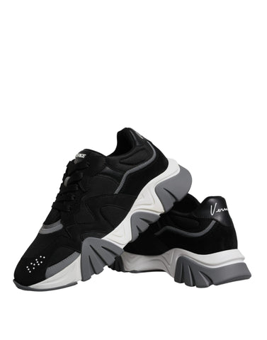 Versace black leather neoprene chunky low top sneakers with thick soles and stylish design, perfect for casual wear.