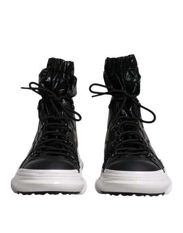 Black nylon Dolce & Gabbana Galileo high top sneakers with laces and rubber sole on a white background.