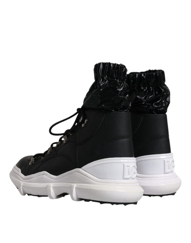 Black nylon Galileo high top sneakers by Dolce & Gabbana with white soles and lace-up design.
