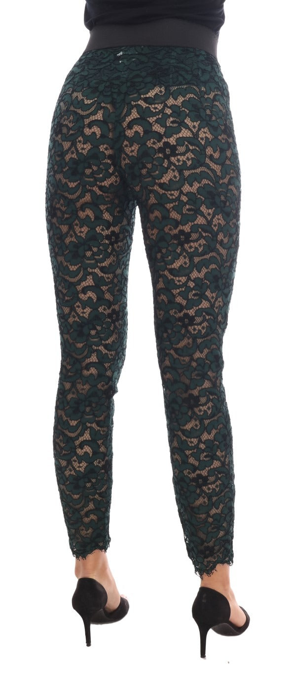 Green floral lace leggings by Dolce & Gabbana featuring intricate lace pattern and fitted design.