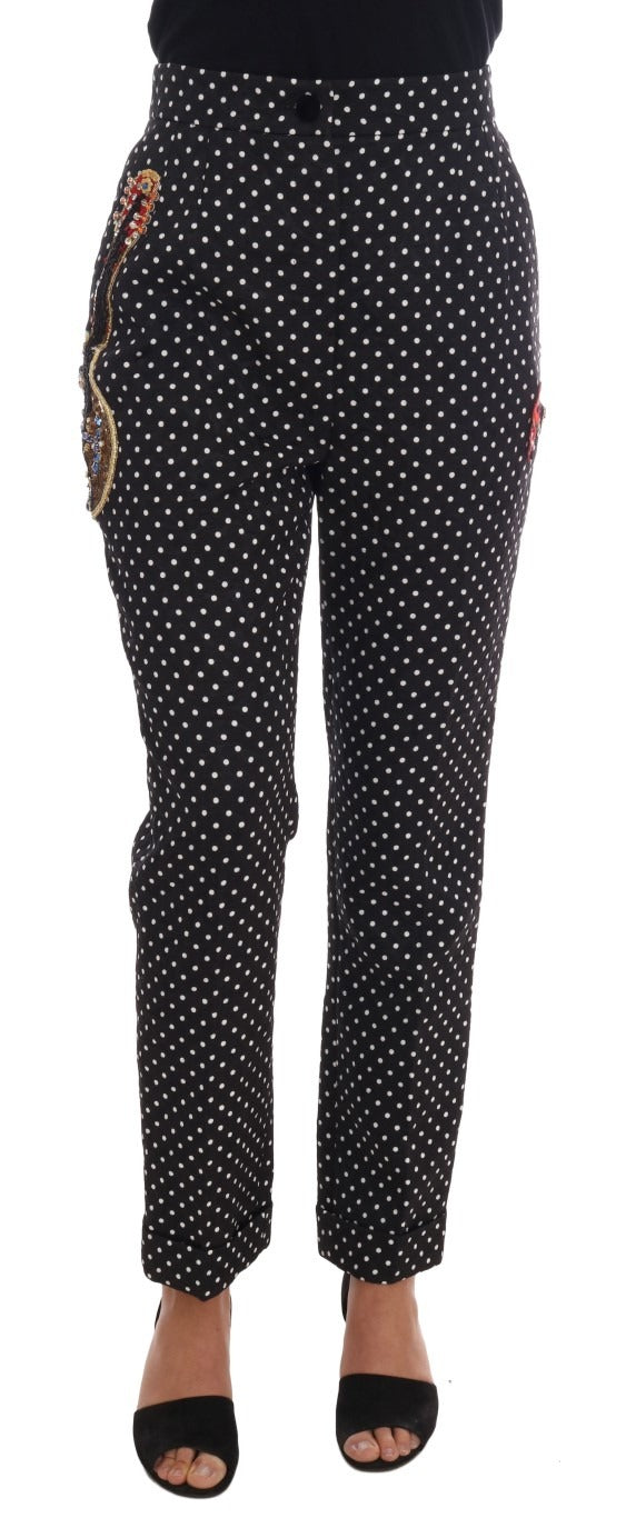 Black polka dot Sicily crystal pants by Dolce & Gabbana featuring elegant crystal embellishments and tailored fit.