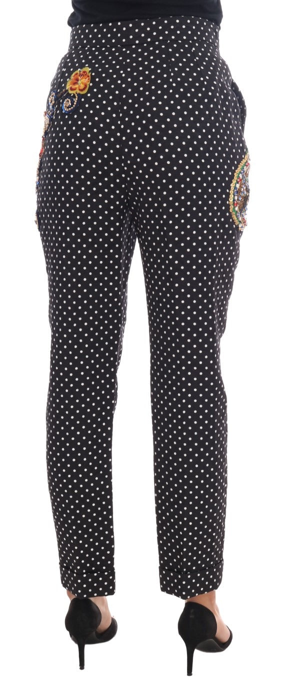 Black polka dot Sicily crystal pants by Dolce & Gabbana, featuring a tailored fit with crystal embellishments and polka dot pattern.