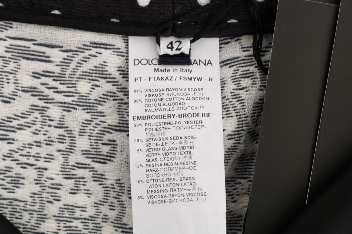 Black polka dot Sicily crystal pants by Dolce & Gabbana, featuring a tailored fit with crystal embellishments and stylish polka dot pattern.