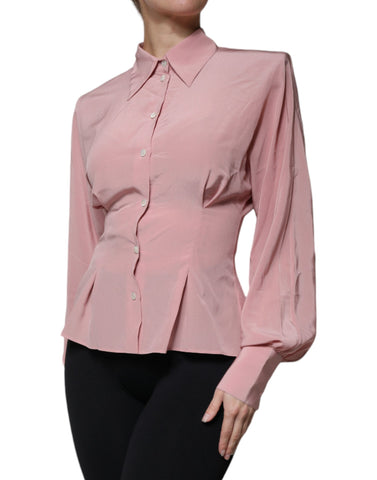 Pink Cotton Long Sleeves Collared Blouse Top