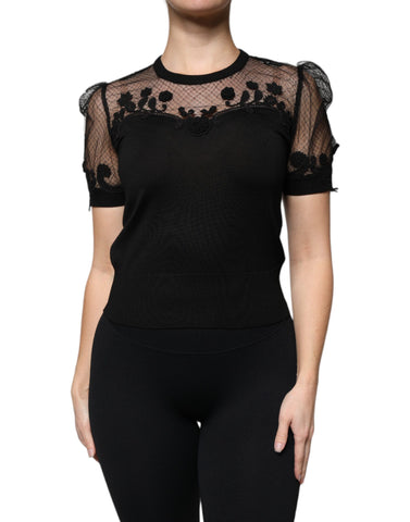 Black Floral Lace Short Sleeves Blouse Top