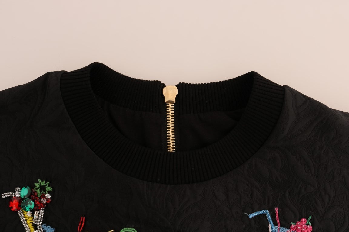 Black brocade crystal-embellished cocktail sweater by Dolce & Gabbana, featuring intricate fabric and sparkling crystal details.