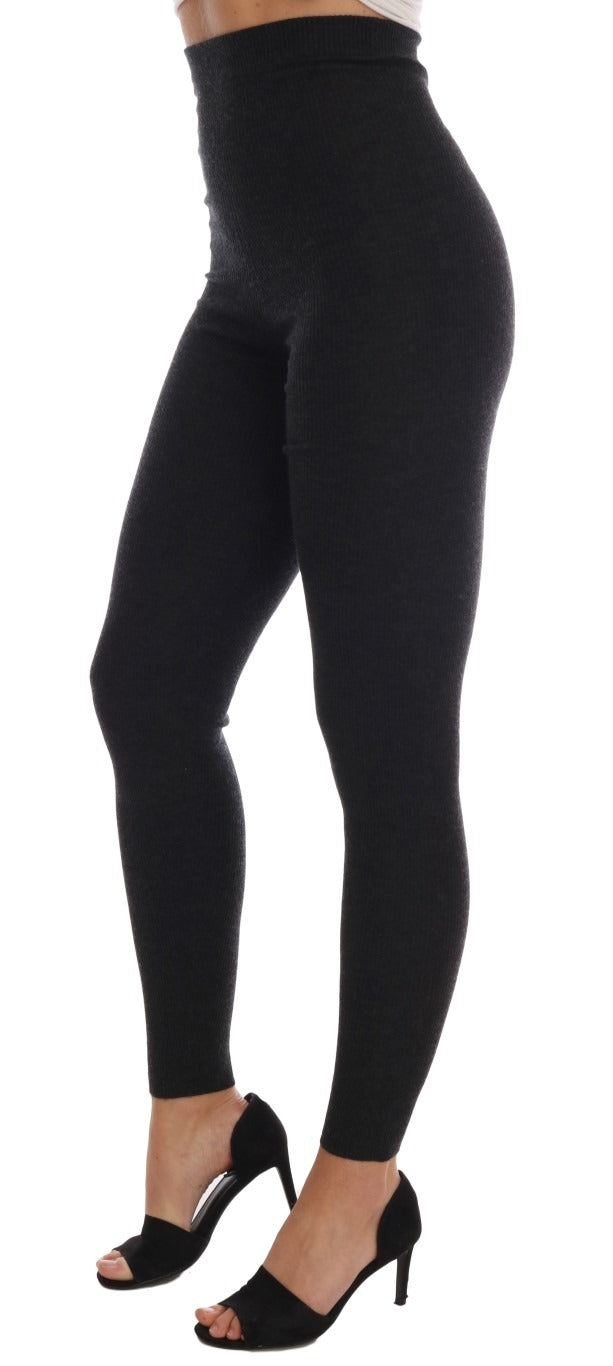 Gray cashmere ribbed stretch tights by Dolce & Gabbana, showing close-up of soft, fitted knit fabric with ribbed texture.