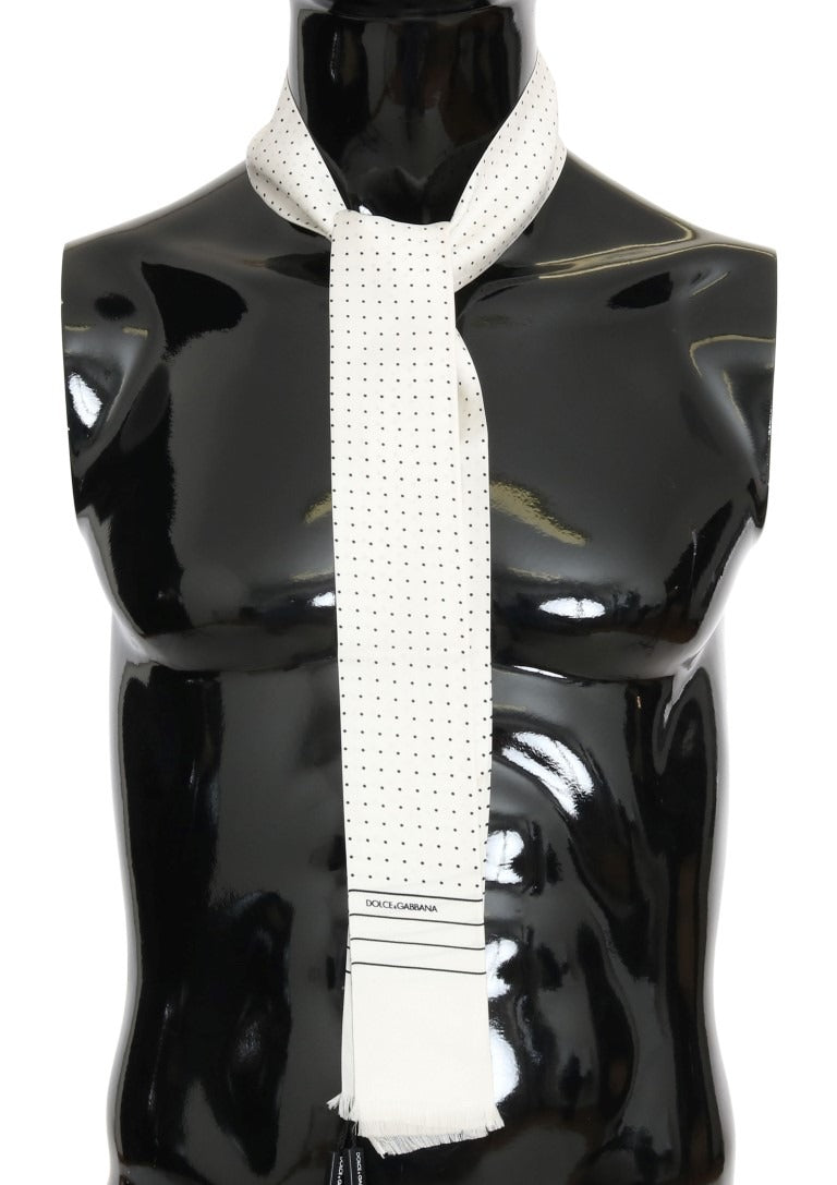 White silk skinny scarf with black polka dots by Dolce & Gabbana, featuring a lightweight, smooth fabric and stylish design.