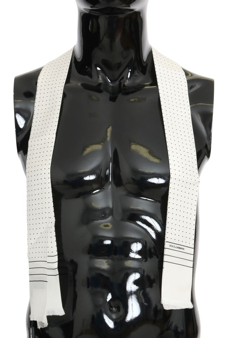 White silk skinny scarf with black polka dots from Dolce & Gabbana, showcasing a smooth fabric and classic pattern.