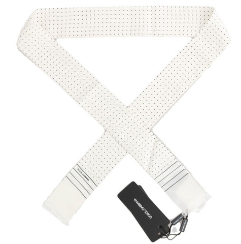 White silk skinny scarf with black polka dots by Dolce & Gabbana, featuring a lightweight, smooth fabric with a stylish, narrow design.