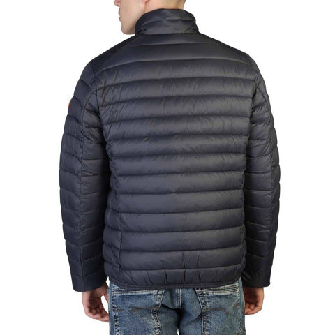 Save The Duck Alexander grey insulated puffer jacket, lightweight and stylish, shown on a hanger.