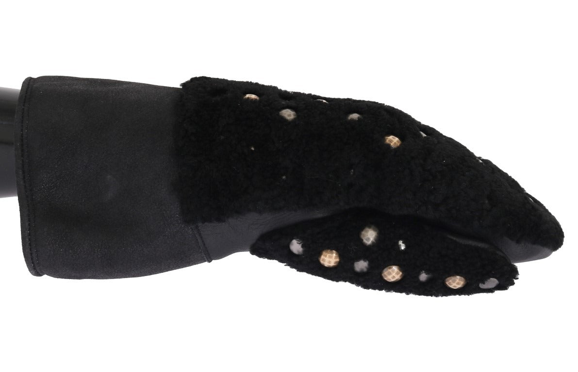 Black leather shearling gloves with studded details from Dolce & Gabbana, showcasing textured leather and stylish metal accents.