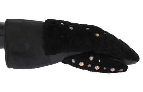 Black leather shearling gloves with studded details from Dolce & Gabbana, showcasing textured leather and stylish metal accents.