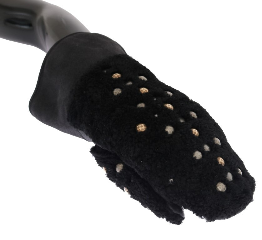 Black leather shearling gloves with studded accents by Dolce & Gabbana, featuring a sleek design and textured details.