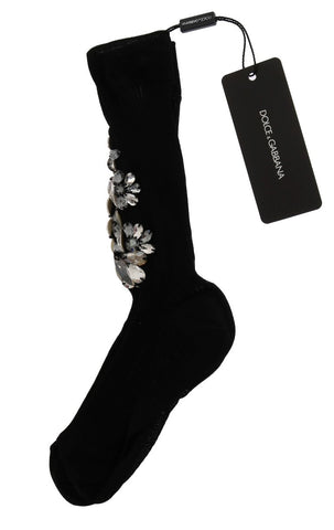 Black knitted floral crystal socks by Dolce & Gabbana featuring intricate floral patterns and clear crystal accents.