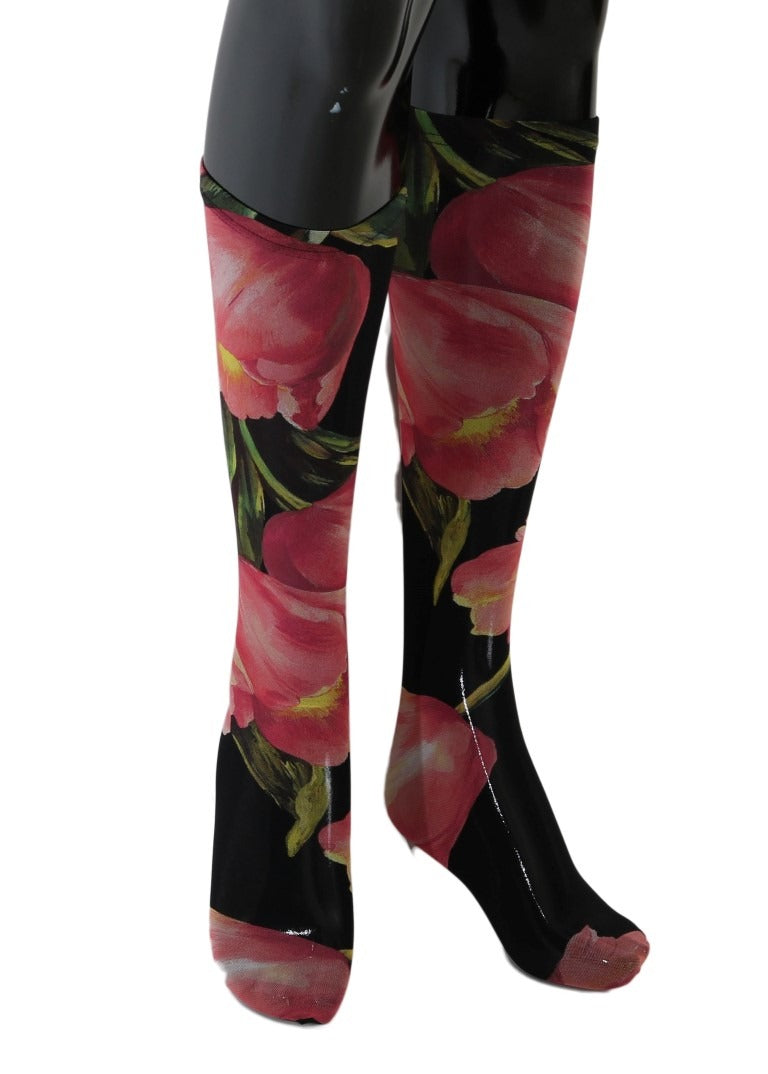 Multicolor floral tulip nylon socks by Dolce & Gabbana showing vibrant flower patterns and fine knit texture.