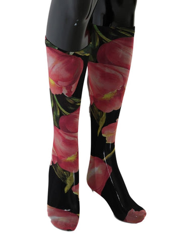 Multicolor floral tulip nylon socks by Dolce & Gabbana showing vibrant flower patterns and fine knit texture.