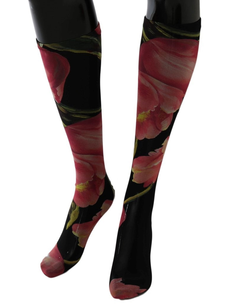 Multicolor floral tulip nylon socks by Dolce & Gabbana with vibrant flower patterns and a comfortable fit.