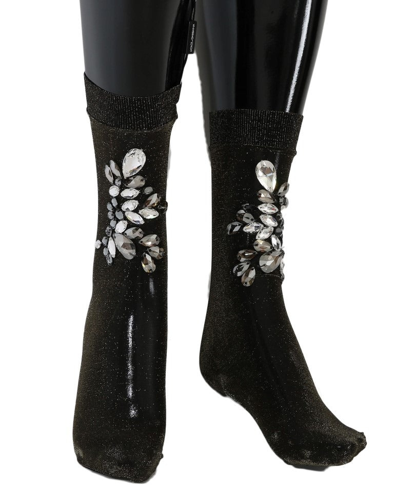 Black stretch floral socks with clear crystals from Dolce & Gabbana, featuring a floral pattern and crystal accents.