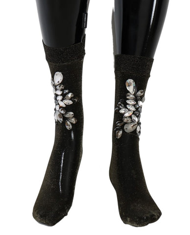 Black stretch floral crystal socks by Dolce & Gabbana with clear crystals and floral pattern, close-up view of the stylish hosiery.