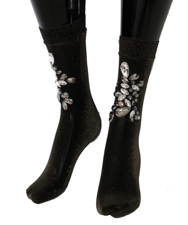 Black floral clear crystal socks by Dolce & Gabbana, featuring stretch fabric and decorative floral patterns with crystal accents.