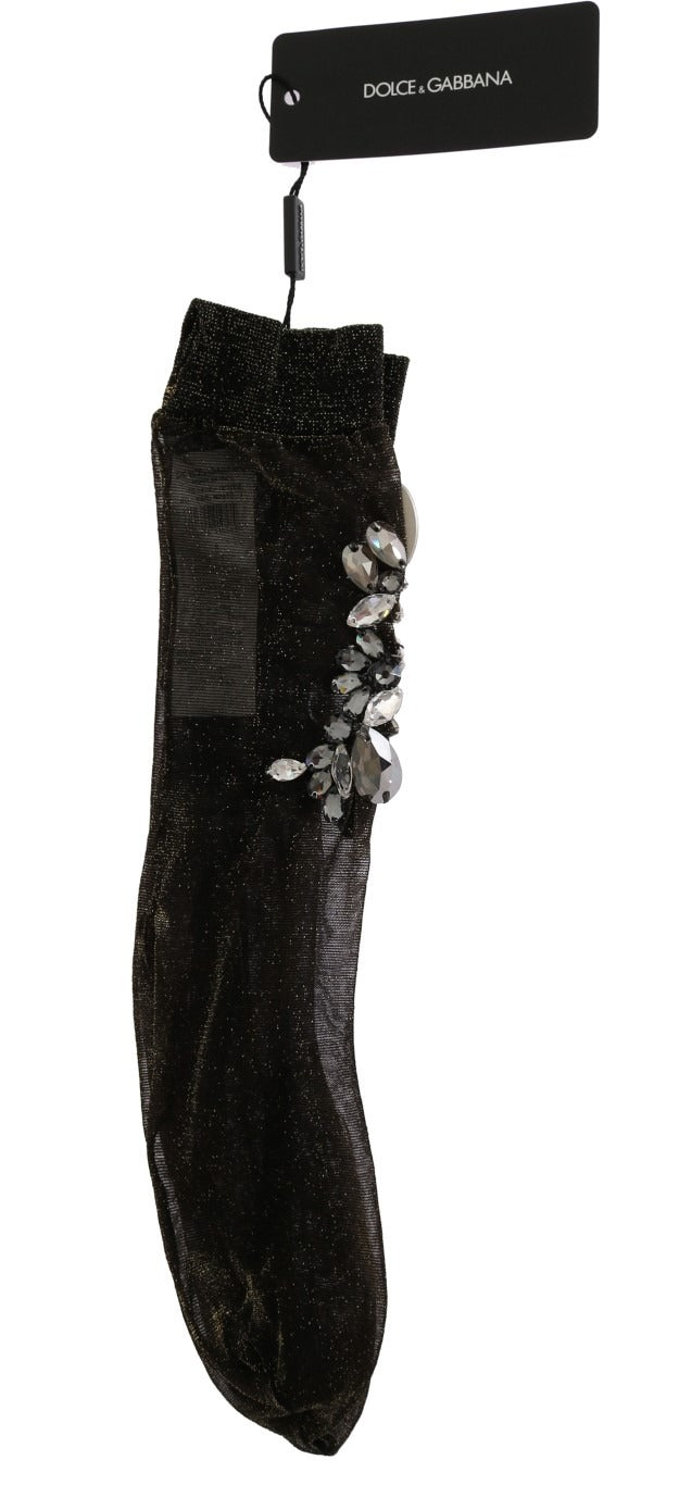 Black stretch floral socks with clear crystals from Dolce & Gabbana, featuring a floral pattern and elegant crystal accents.