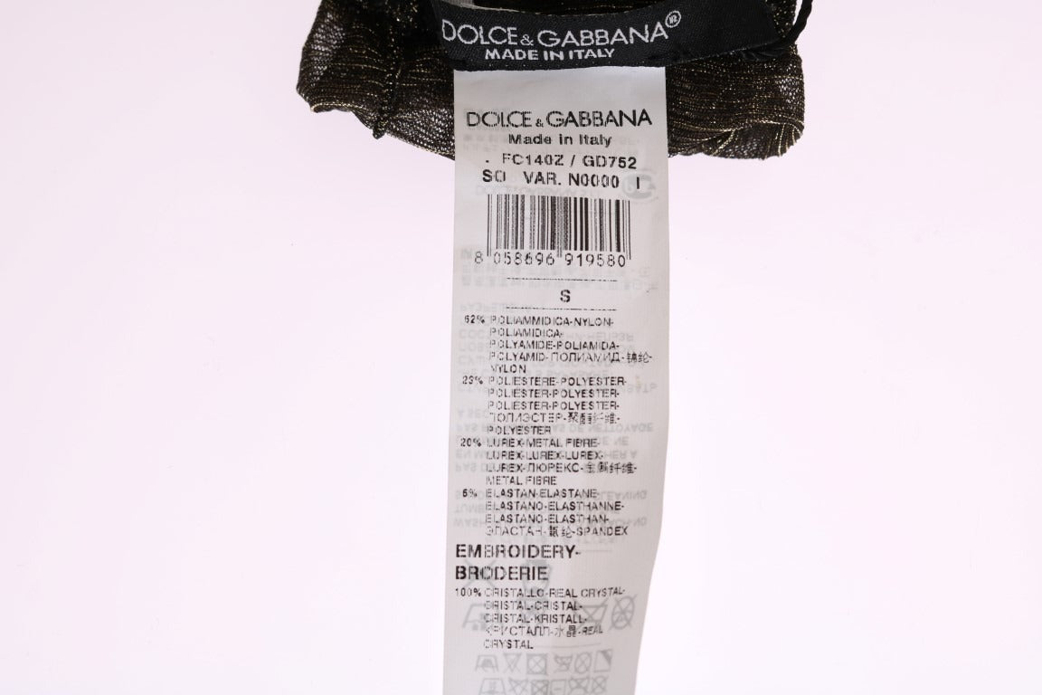 Black stretch floral socks with clear crystal accents by Dolce & Gabbana, featuring a floral pattern and snug fit.