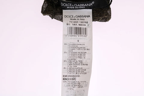Black stretch floral socks with clear crystal accents by Dolce & Gabbana, featuring a floral pattern and snug fit.