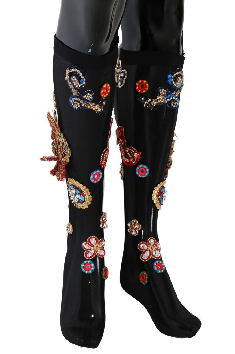 Black stretch Carretto crystal socks by Dolce & Gabbana featuring intricate crystal embellishments on fine fabric.