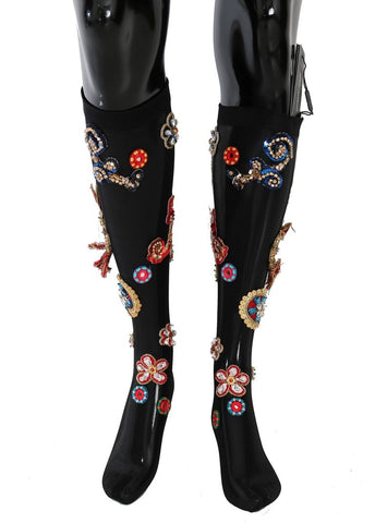 Black stretch carretto crystal socks by Dolce & Gabbana with intricate pattern and sparkling crystal embellishments.