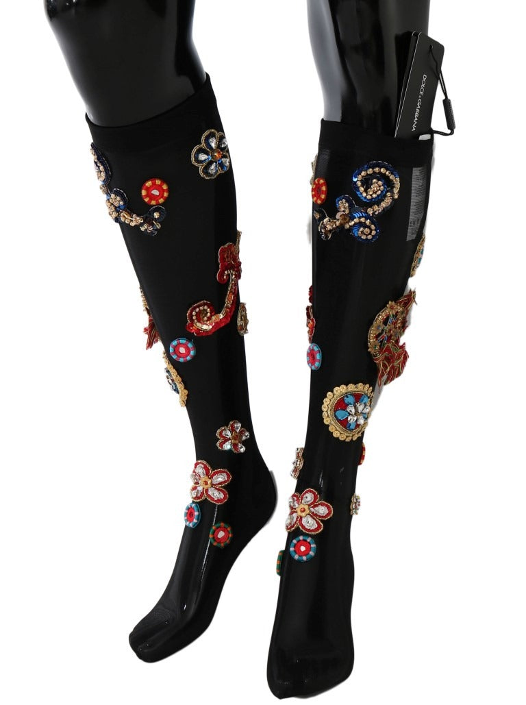 Black Stretch Carretto Crystal Socks by Dolce & Gabbana, featuring intricate crystal embellishments and a sleek, fitted design.