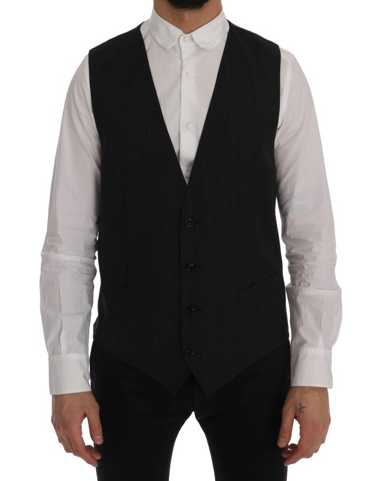 Gray wool stretch vest by Dolce & Gabbana, close-up of textured fabric and tailored fit in a fashion-forward design.