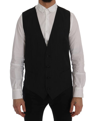 Gray wool stretch vest by Dolce & Gabbana, close-up of textured fabric and tailored fit in a fashion-forward design.