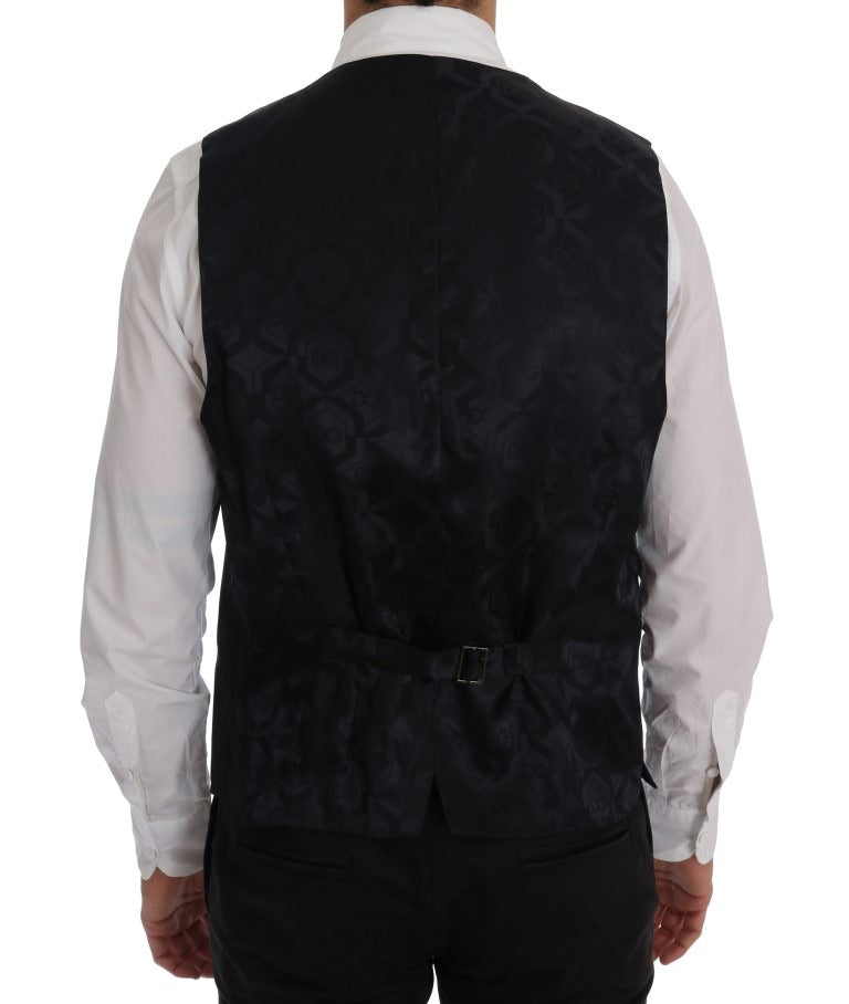 Gray wool stretch vest by Dolce & Gabbana, close-up of textured fabric and fitted design on mannequin.