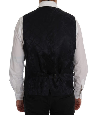 Gray wool stretch vest by Dolce & Gabbana, close-up of textured fabric and fitted design on mannequin.