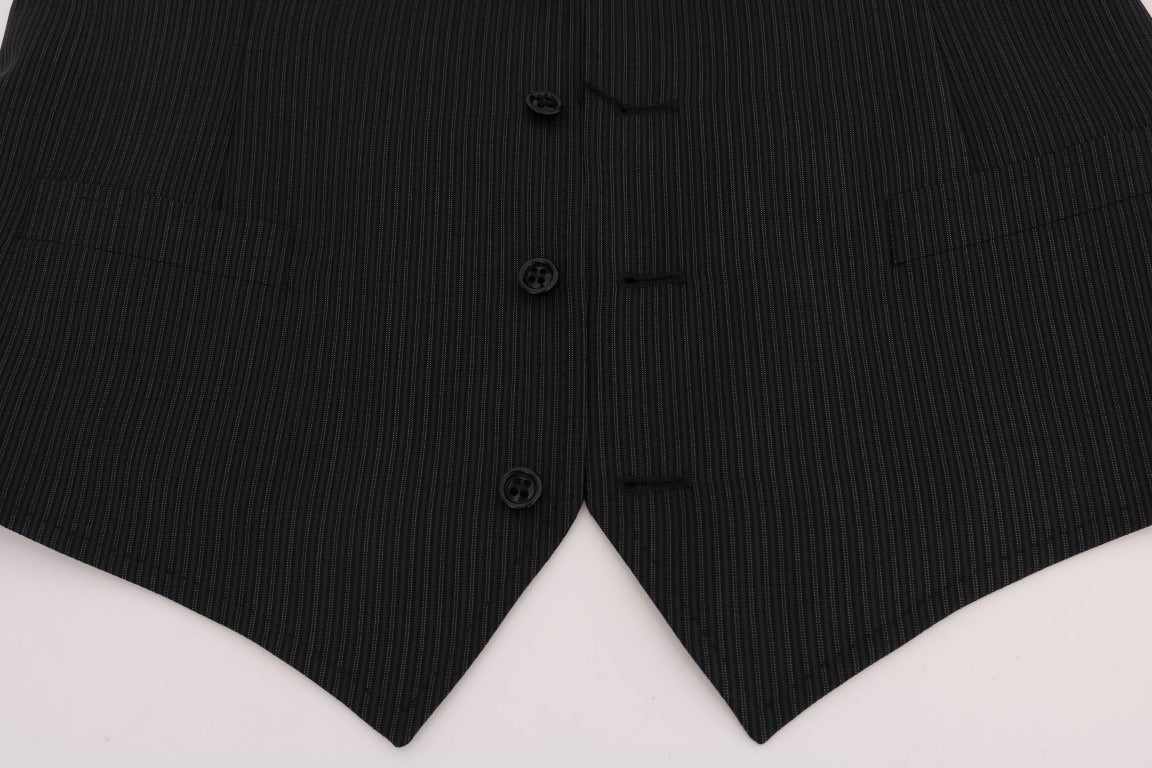 Gray wool stretch vest by Dolce & Gabbana, close-up image showing textured fabric and tailored fit.