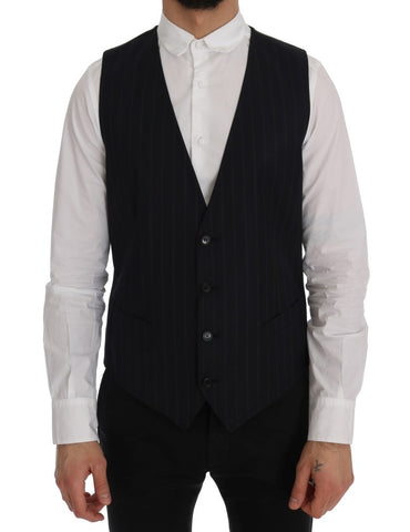 Blue wool stretch vest by Dolce & Gabbana, close-up showing fitted design and textured fabric.