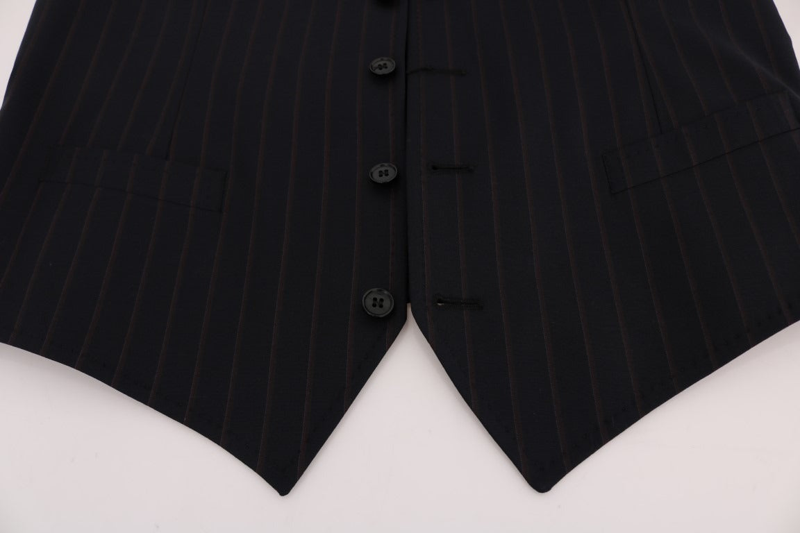 Blue wool stretch vest by Dolce & Gabbana, close-up of fitted sleeveless vest with textured fabric and tailored design.